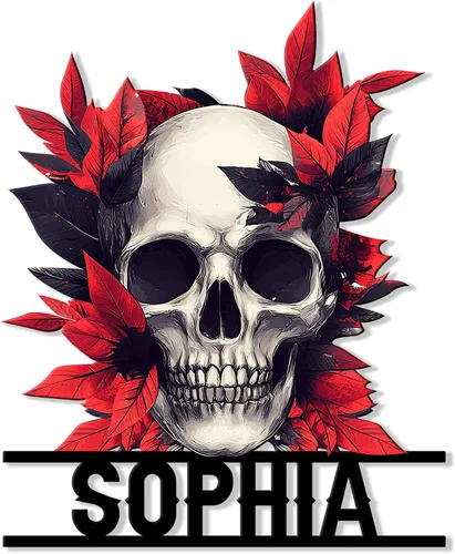 Vista 8 de Letrero de metal personalizado con calavera, letrero colgante de calavera para porche al aire libre, valla de pared con nombre personalizado, patio