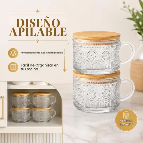 Vista 8 de Semderm Juego de 2 tazas de café de vidrio vintage, recipientes para avena nocturna con tapas de bambú y cucharas - Tazas de té transparentes de 14