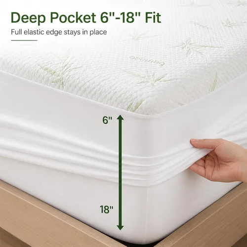 Vista 6 de Protector de colchón de viscosa de bambú impermeable, suave, silencioso y transpirable, bolsillo profundo de hasta 18 pulgadas, lavable a máquina