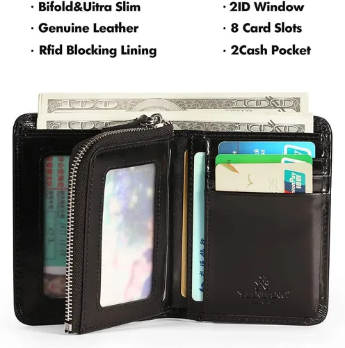 Vista 21 de Billetera para hombre con cremallera de cuero genuino RFID tarjeteros de piel de vaca con cremallera bolsillo para monedas, carteras plegables