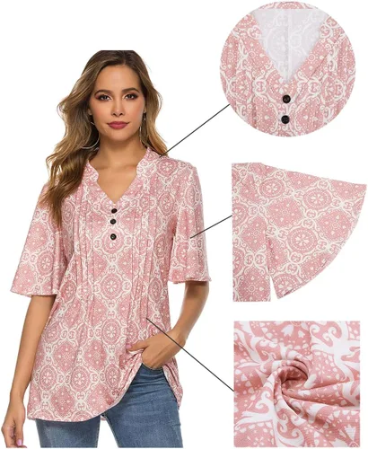 Vista 2 de HOCOSIT - Camiseta de manga corta con olanes y cuello en V con estampado de flores, plisada y abotonada, para mujer