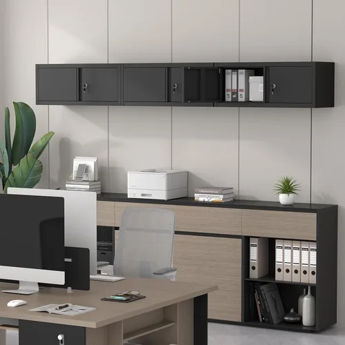 Vista 8 de Armarios de almacenamiento negros montados en la pared, gabinete superior de 12.8 pulgadas de alto para el hogar, gabinetes de metal con puertas