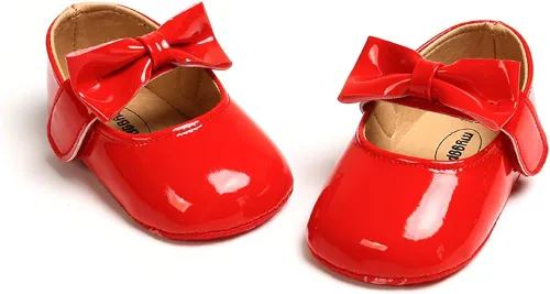 Vista 5 de myppgg Mary Jane - Zapatos planos brillantes con lazo y lazo de princesa, zapatos de cuna antideslizantes para niños pequeños que caminan