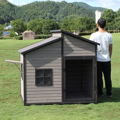 Vista 4 de Casa para perros al aire libre, perrera elevada de madera para mascotas con techo de asfalto, puerta delantera, ventana lateral, porche para perros