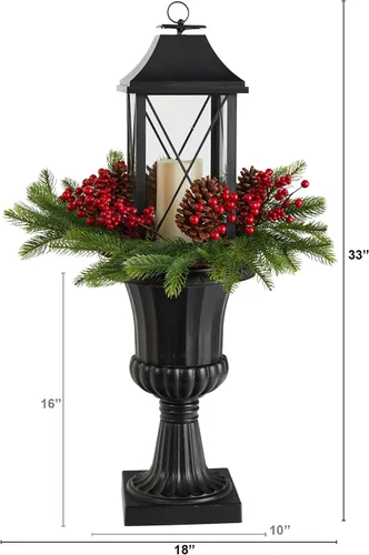 Vista 4 de Nearly Natural 33 pulgadas, vegetación navideña, bayas y piñas en urna decorativa con linterna grande y vela LED incluida, decoración de porche