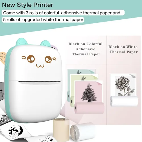 Vista 5 de Mini impresora portátil, impresora de pegatinas sin tinta con 8 rollos de papel, mini impresora térmica inalámbrica Bluetooth compatible con iOS +
