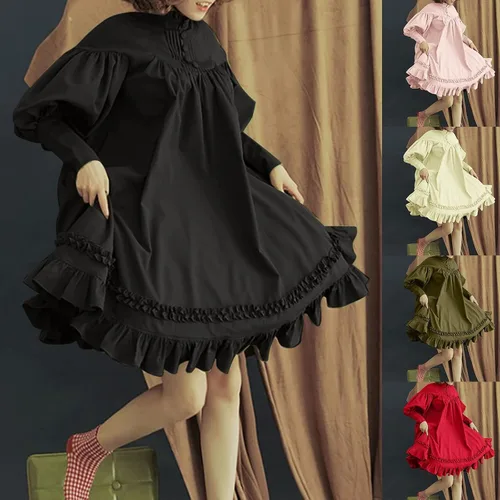 Vista 7 de Vestido gótico negro para mujer, vestido Lolita de manga abombada, vestido victoriano con volantes para el renacimiento medieval