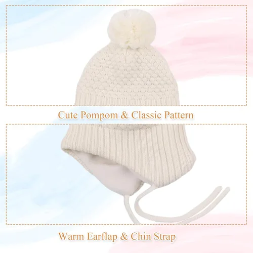 Vista 4 de Gorros de invierno para niña con forro polar para niños, gorro de punto con orejeras con pompón, de 0 a 8 años