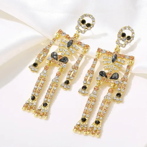 Vista 2 de SENNI Aretes de calavera de esqueleto de Halloween, aretes colgantes de esqueleto de calavera espeluznante, regalo de joyería para mujeres y niñas