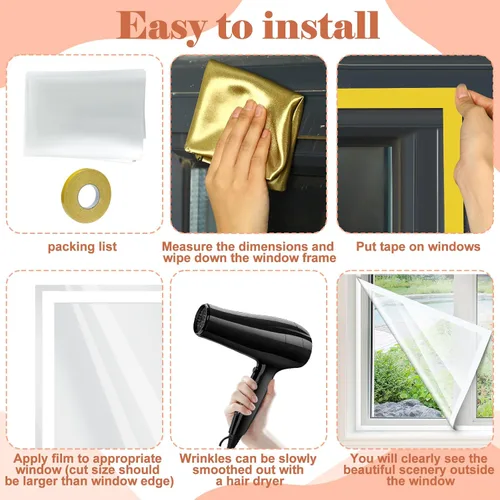 Vista 3 de Kit de aislamiento de ventana de 6 piezas de 47 x 63 pulgadas, película retráctil transparente cortable con cinta adhesiva de doble cara