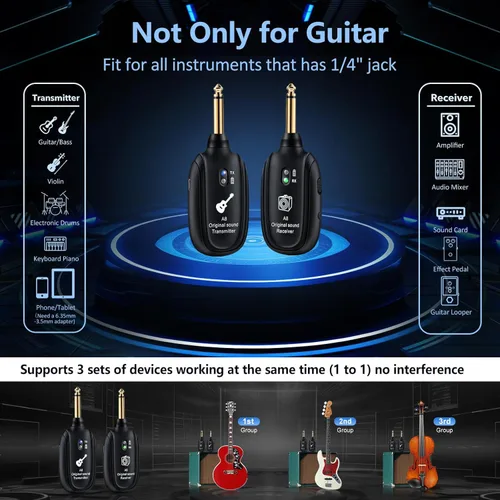 Vista 3 de Sistema de guitarra inalámbrico A8 UHF, 2 modos, batería recargable de litio, rango de 100 pies, Plug & Play para guitarra, bajo, violín, teclado