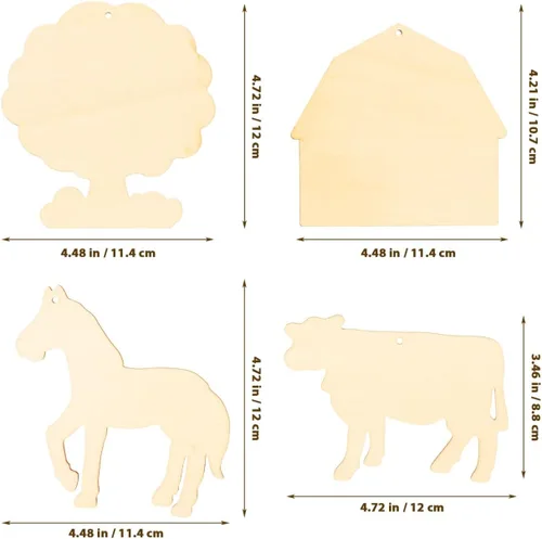 Vista 5 de 45 piezas de animales de granja sin pintar con formas de recortes de madera vaca, cerdo, pollo, caballo, oveja, perro, animales sin terminar