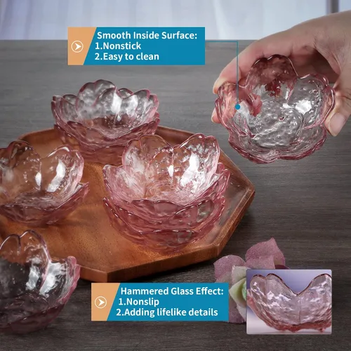 Vista 3 de 8 piezas de cuencos de vidrio Sakura para salsa de soja, lindos cuencos mini para postre, platos apilables pequeños para aperitivos, condimentos