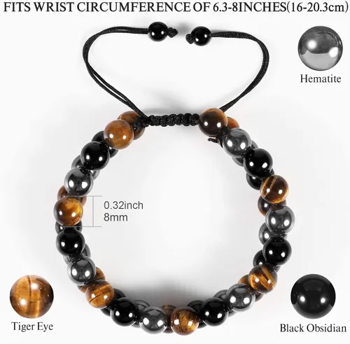 Vista 2 de Denchy Triple Protection Bracelet, Tigers Eye - Black Obsidian and Hematite Beaded Bracelets for Men Women, Tourmaline Spiritual Natural Crystal