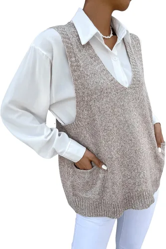 Vista 4 de Romwe Suéter de gran tamaño para mujer, cuello en V, doble bolsillo lateral, sin mangas, suéter de punto marmolado, suéter sin mangas