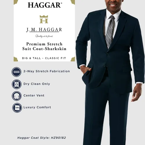 Vista 3 de HAGGAR Traje para hombre de alta calidad, elástico, ajuste clásico, tallas grandes y altas, pantalones y chaquetas, Negro