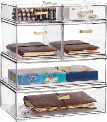Vista 10 de LALOBLUE Organizador de cajones apilable transparente, paquete de 4 cajones de almacenamiento de acrílico con diseño extraíble, organizador que