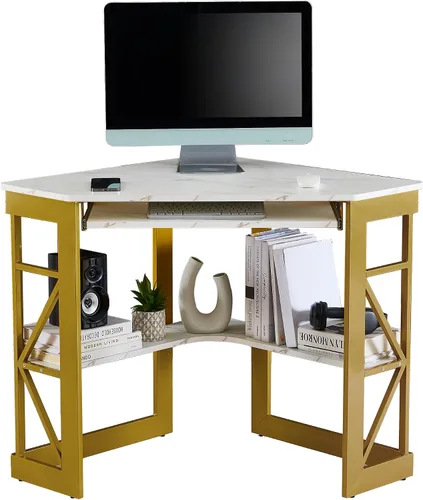 Vista 8 de VECELO - Escritorio de esquina para computadora, mesa de escritura con bandeja para teclado suave y estantes de almacenamiento, mesa triangular