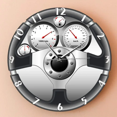 Vista 3 de The Geeky Days Reloj de pared de cuarzo silencioso con volante y tablero de instrumentos deportivo, diseño de automóvil, decoración del hogar
