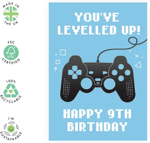 Vista 2 de CENTRAL 23 Divertida tarjeta de noveno cumpleaños para niños – «You've Levelled Up!» – Feliz 9º cumpleaños – 9 años – Tarjeta de felicitación azul