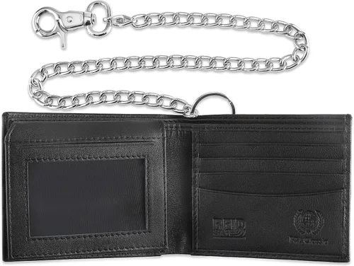 Vista 4 de F&L CLASSIC Cartera de cadena de acero de cuero vacuno con bloqueo RFID para hombre, estilo bi-fold, Negro -, Cartera RFID