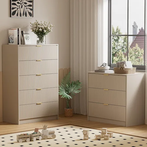Vista 6 de Furniway - Cómoda color beige para habitación, moderna, 3 cajones y deslizadores suaves, cómoda ancha con jaladeras doradas para sala o armario