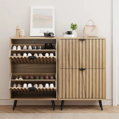 Vista 3 de Smuxee Armario de zapatos con 2 cajones abatibles, gabinete de almacenamiento de zapatos oculto natural de 23.6 pulgadas con diseño estriado