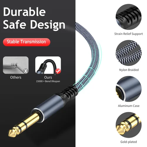 Vista 3 de Cable de guitarra estéreo de 1/4 de pulgada y 10 pies, macho a hembra, extensión de auriculares de un cuarto de pulgada