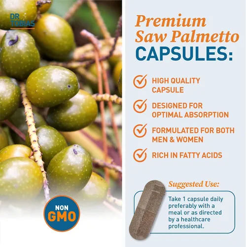 Vista 4 de Dr. Tobias Suplemento de Saw Palmetto, apoya la salud urinaria, el equilibrio hormonal, la salud de la próstata y la vitalidad del cabello, Saw