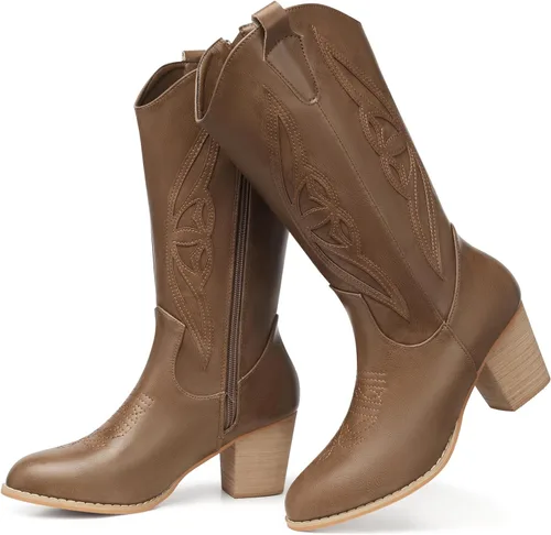Vista 2 de SHIBEVER Botas vaqueras para mujer Medio Botas vaqueras negras de pantorrilla ancha con bordado occidental de tacón alto con punta redonda