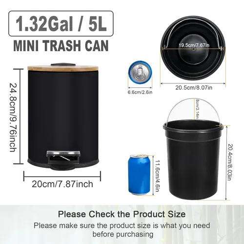 Vista 2 de SIDIANBAN Bote de basura pequeño para baño con tapa de bambú, 1.3 galones/5 litros, negro, hierro