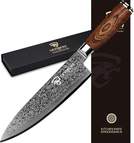 Vista 7 de Cuchillo de chef de damasco hecho a mano de 8 pulgadas con mango de madera de Pakka Cortes de precisión antioxidantes, maniobrables ligeros