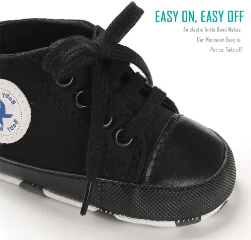 Vista 5 de Zapatos de lona para bebés recién nacidos, suela suave, para los primeros pasos, zapatos planos para niños pequeños, zapatos de mezclilla unisex