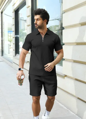 Vista 5 de KUYIGO Conjunto de camisa polo y pantalones cortos para hombre, trajes de verano a la moda, casual, de manga corta, traje de 2 piezas para hombre