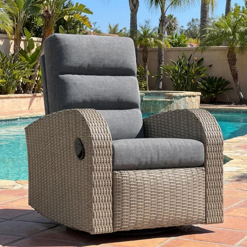 Vista 27 de LayinSun Sillón reclinable giratorio de mimbre de gran tamaño con respaldo ajustable y reposapiés, sillón reclinable para patio Gris