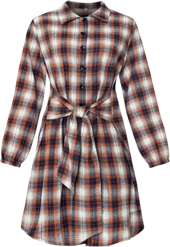 Vista 3 de Vestidos de verano para mujer, casual, con lazo en la cintura, manga larga, solapa, falda corta, a cuadros, vestidos casuales