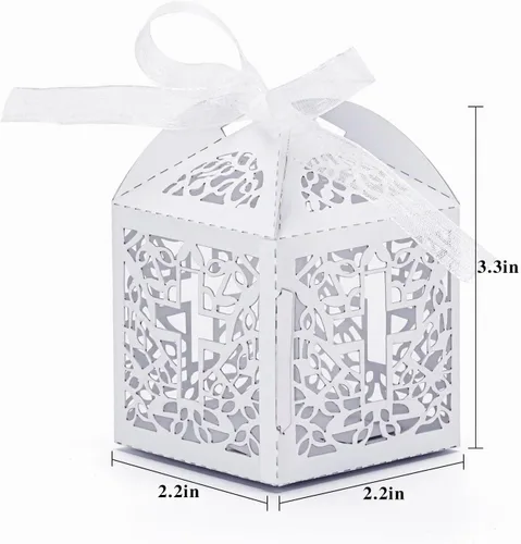 Vista 2 de Juego de 50 cajas de regalo con corte láser para bodas y fiestas con lazo Corte láser, con 50 cintas, para recuerdos de baby shower, decoraciones