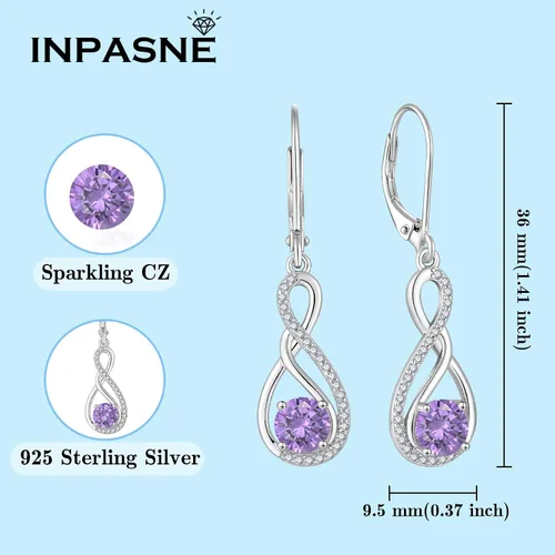 Vista 5 de Inpasne Aretes colgantes de infinito para mujer, plata de ley 925, aretes colgantes con piedra natal, regalos para mujeres, mamá, esposa, novia, hija