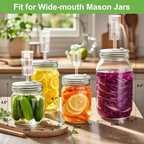 Vista 2 de Kit de fermentación de 4 unidades para todos los frascos Mason de boca ancha (cuatro tarros Mason de 32 oz incluidos), frascos de fermentación