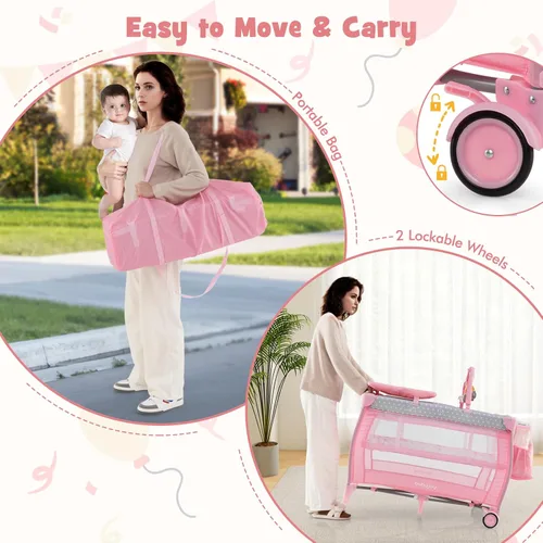 Vista 9 de BABY JOY 3 en 1 portátil Pack and Play con moisés, cuna de viaje convertible para bebé con cambiador, rueda de freno, Napper recién nacido