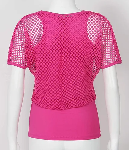 Vista 3 de Smile Fish Disfraces Casuales Sexys de los Años 80 para Mujer, Camiseta de Red de Pescar Neón con Hombros Descubiertos