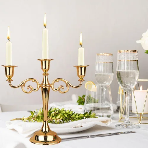 Vista 2 de WEISIPU Elegantes portavelas de metal dorado – Portavelas de 3 brazos de metal para decoración del hogar, fiesta, comedor, boda, regalo