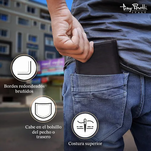 Vista 4 de Tony Perotti Billetera plegable de cuero para hombres, grano completo