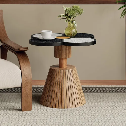 Vista 3 de Mesa auxiliar de trébol de cuatro hojas, mesa decorativa con base de grano de madera para sala de estar, dormitorio y espacios pequeños, natural