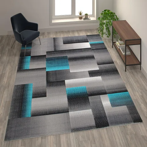 Vista 32 de Flash Furniture Elio Collection - Alfombra de área con patrón de bloques de color, alfombra de olefina azul de pelo alto, alfombra de área de 2 x 3