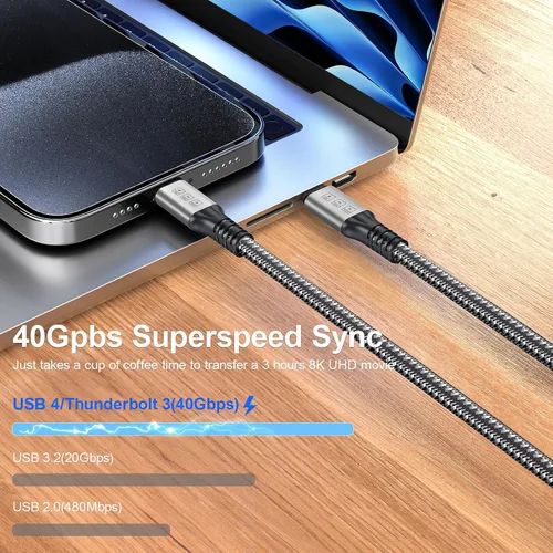 Vista 5 de Cable Thunderbolt 4, cable USB C a USB C de 240 W soporta transferencia de fecha de 40 Gbps, pantalla 8K y 4K, cable Thunderbolt4 a USB C de 6.6