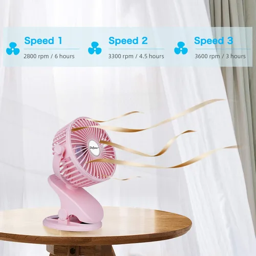 Vista 2 de SkyGenius Ventilador de cochecito de bebé con clip a pilas (rosa)