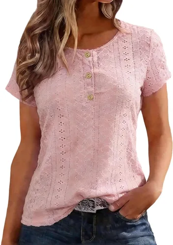 Vista 15 de Camiseta de manga corta con cuello redondo para mujer, blusa holgada con ojales, casual, holgada, para vacaciones, playa, lunares suizos