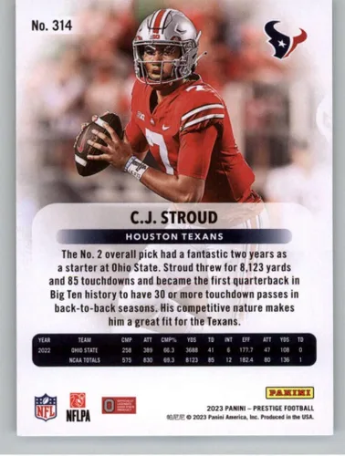 Vista 2 de 2023 Prestige Football #314 C.J. Stroud RC Rookie Houston Texans Official Panini NFL Trading Card (Stock Photo Shown, Near Mint to Mint Condition)