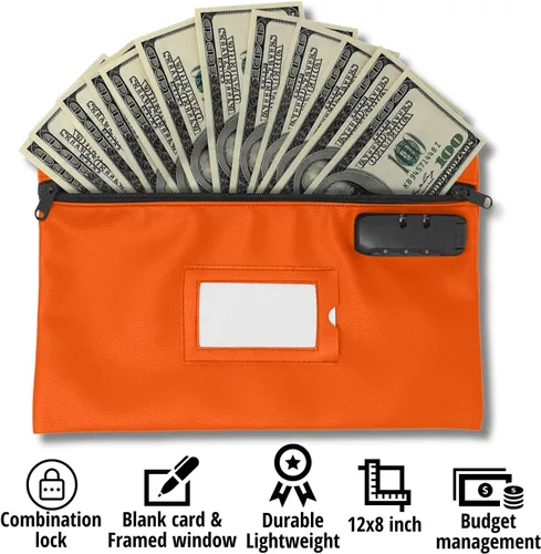 Vista 2 de Bolsa de dinero con candado 12 x 8 pulgadas Cuero sintético duradero para dinero en efectivo monedero monedero monedero bolsa con cremallera